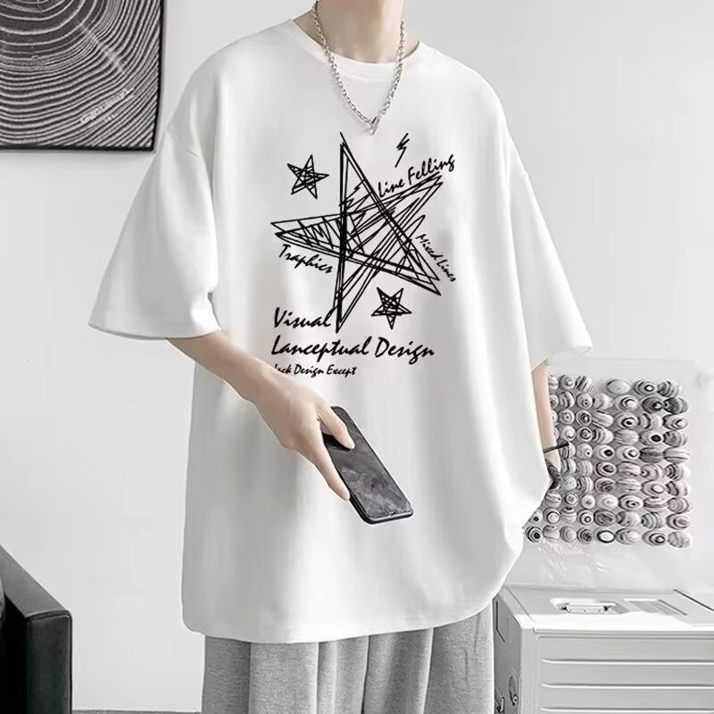 【 M-8XL 】 Summer Limited Edition Men'S Oversized T-Shirt Line Stars Printed T-Shirt Suitable for Both Men and Women