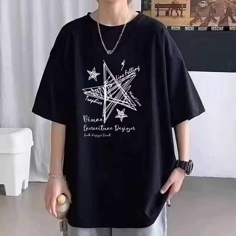 【 M-8XL 】 Summer Limited Edition Men'S Oversized T-Shirt Line Stars Printed T-Shirt Suitable for Both Men and Women