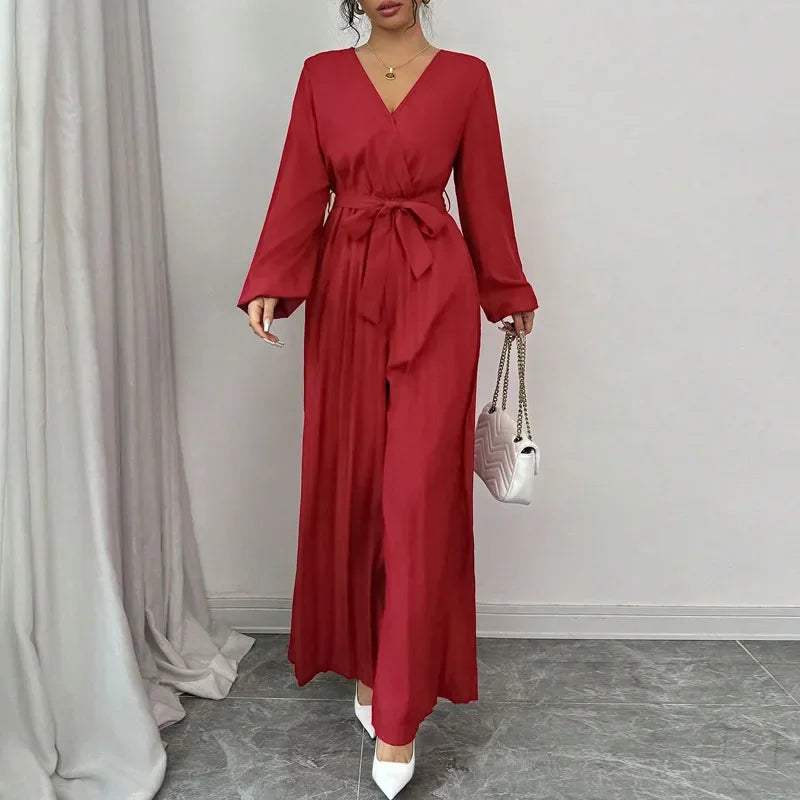 Jumpsuit Rompers for Women 2025 New Lace-up Casual Long Sleeve V-Neck Solid Elegant Wide-leg Jumpsuit Women Ropa De Mujer Q608
