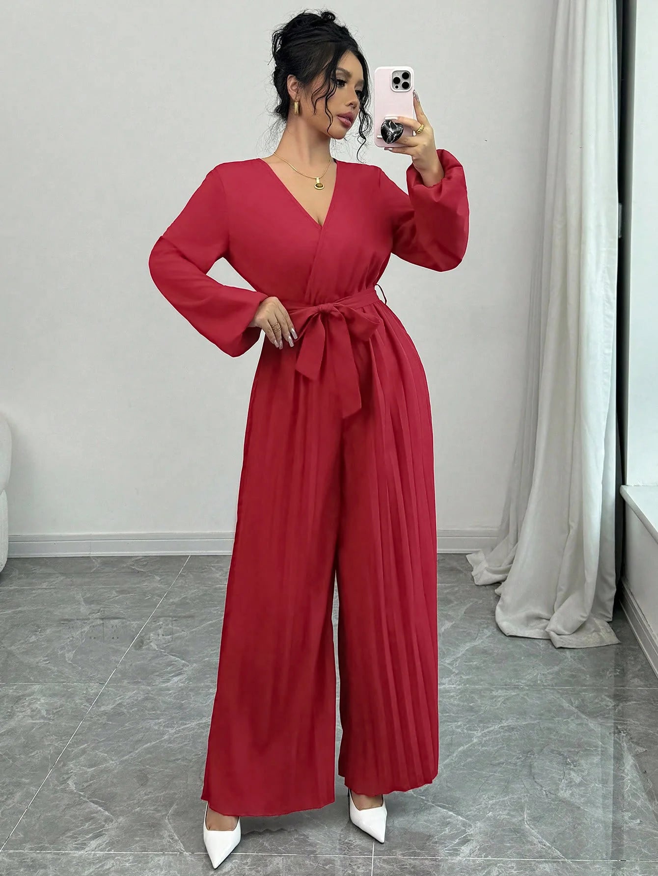 Jumpsuit Rompers for Women 2025 New Lace-up Casual Long Sleeve V-Neck Solid Elegant Wide-leg Jumpsuit Women Ropa De Mujer Q608