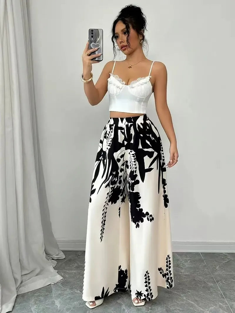 2025 women's fashion printed, lace-up, waist-cinching, slim-fit casual trousers for women