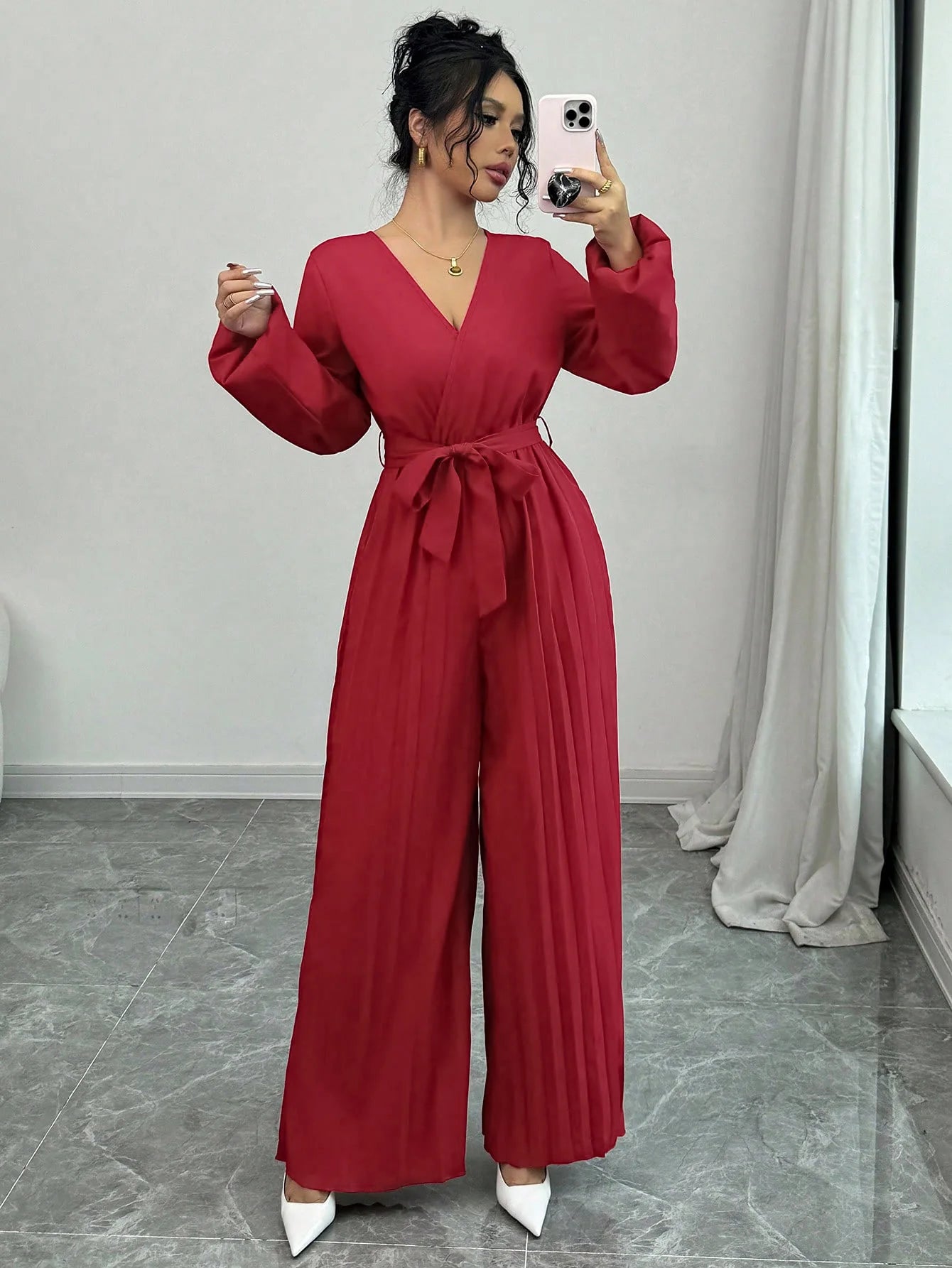 Jumpsuit Rompers for Women 2025 New Lace-up Casual Long Sleeve V-Neck Solid Elegant Wide-leg Jumpsuit Women Ropa De Mujer Q608
