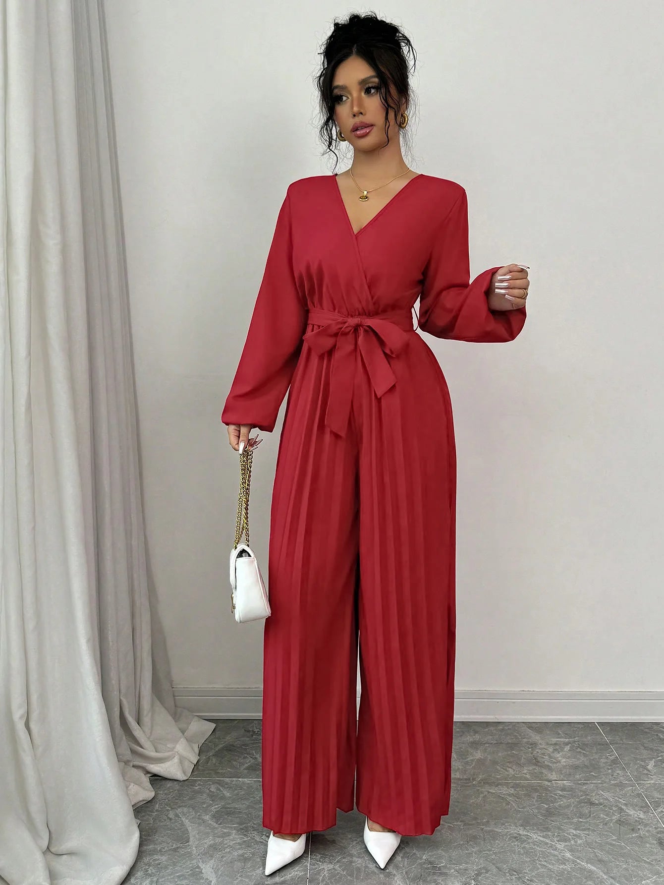 Jumpsuit Rompers for Women 2025 New Lace-up Casual Long Sleeve V-Neck Solid Elegant Wide-leg Jumpsuit Women Ropa De Mujer Q608
