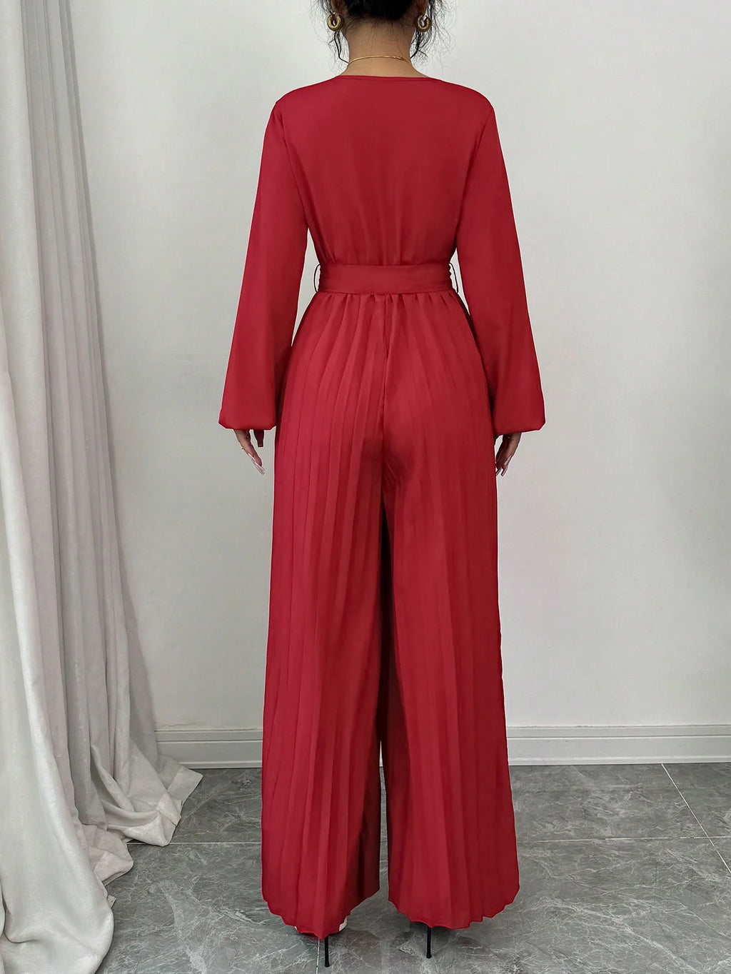 Jumpsuit Rompers for Women 2025 New Lace-up Casual Long Sleeve V-Neck Solid Elegant Wide-leg Jumpsuit Women Ropa De Mujer Q608