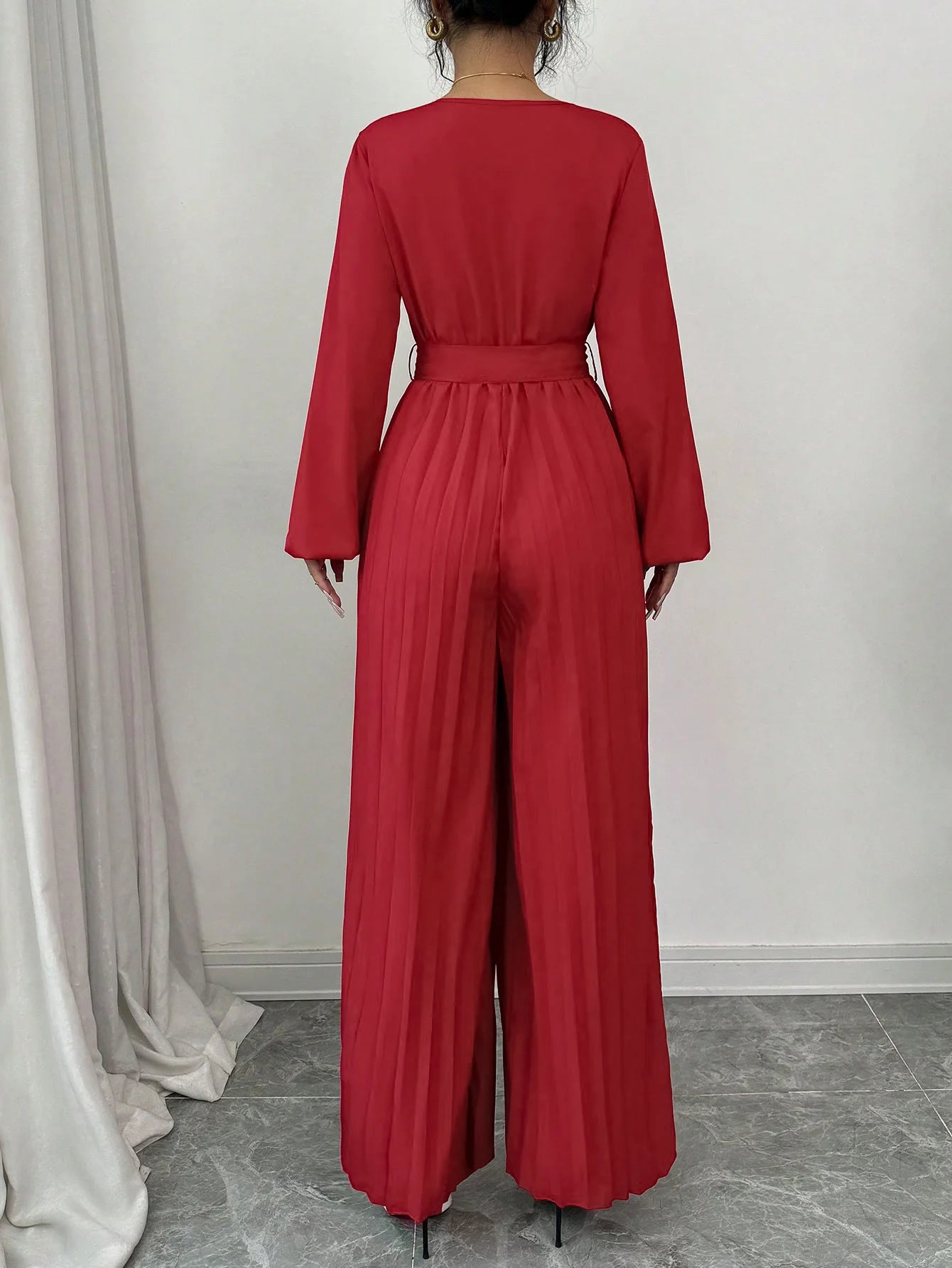 Jumpsuit Rompers for Women 2025 New Lace-up Casual Long Sleeve V-Neck Solid Elegant Wide-leg Jumpsuit Women Ropa De Mujer Q608