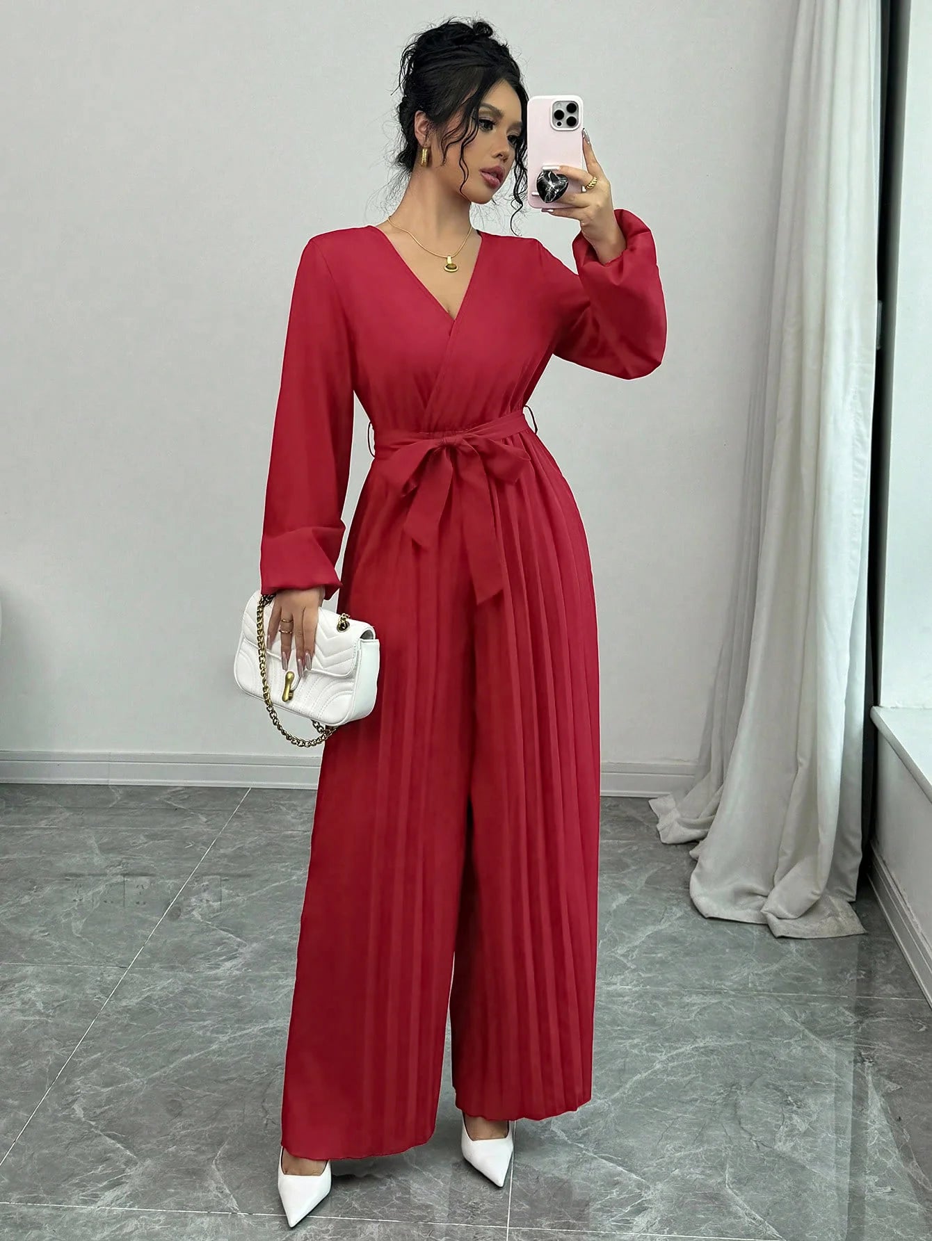 Jumpsuit Rompers for Women 2025 New Lace-up Casual Long Sleeve V-Neck Solid Elegant Wide-leg Jumpsuit Women Ropa De Mujer Q608