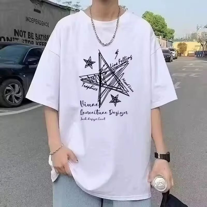 【 M-8XL 】 Summer Limited Edition Men'S Oversized T-Shirt Line Stars Printed T-Shirt Suitable for Both Men and Women